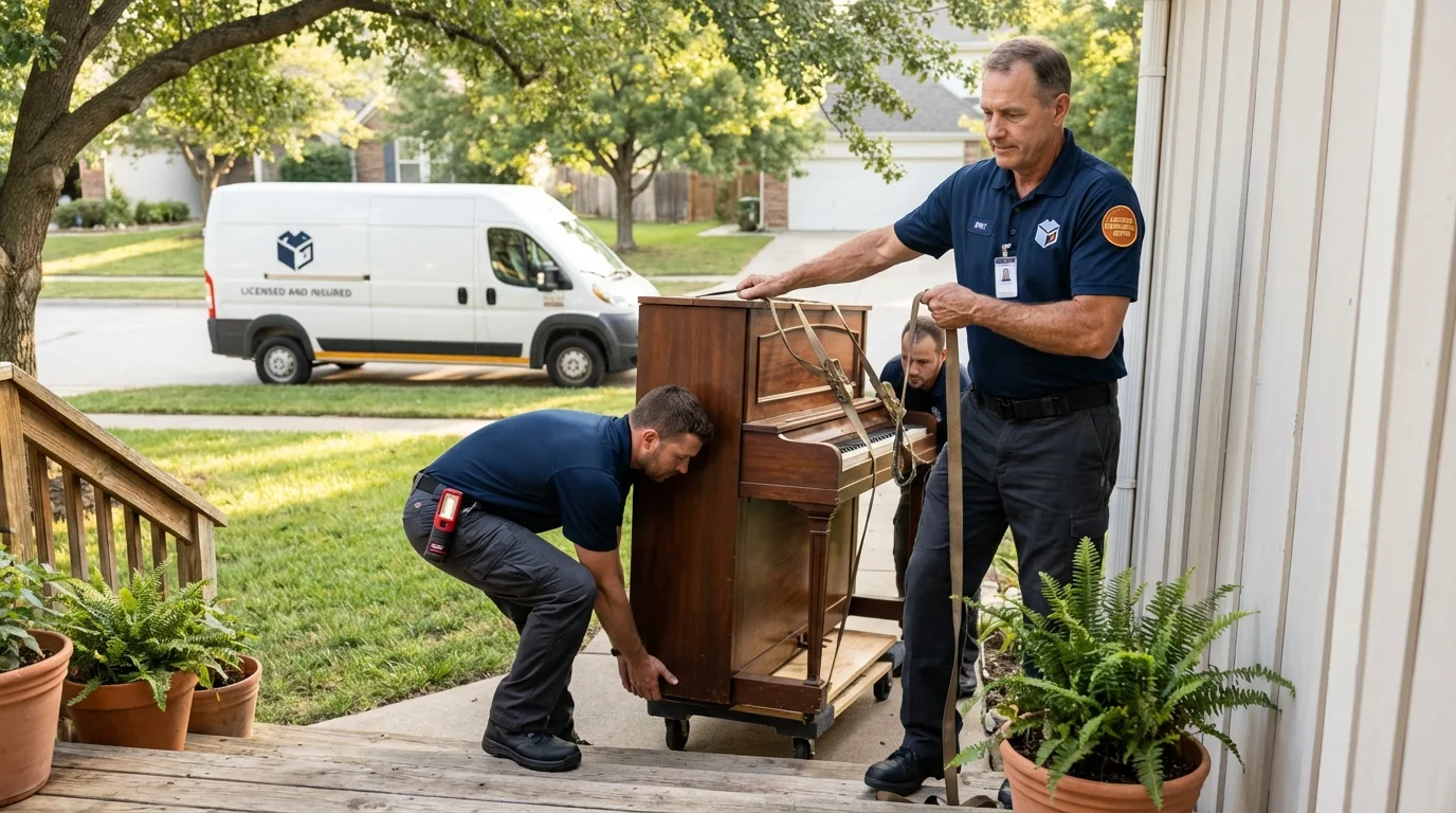 Licensed piano movers securing grand piano in Duncan, OK