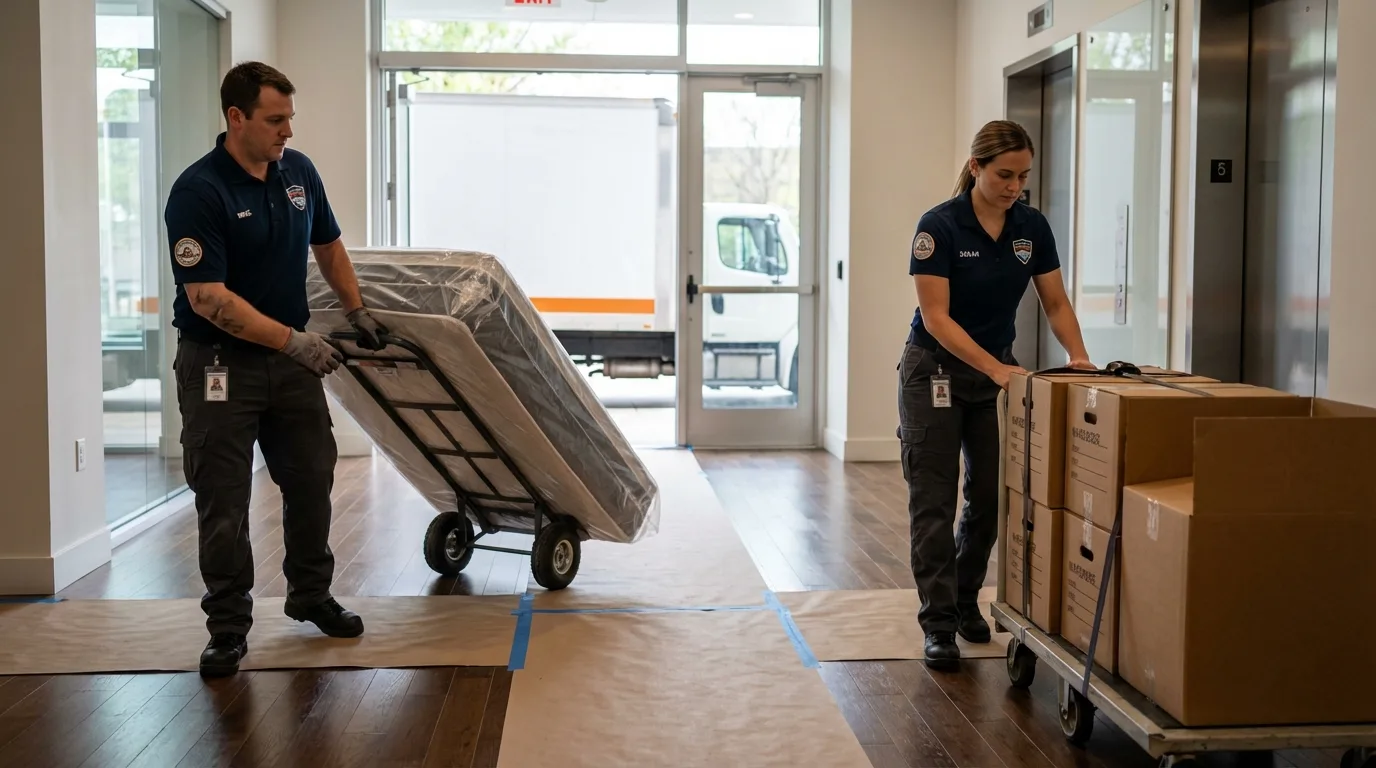 Professional apartment movers loading elevator in Duncan, OK